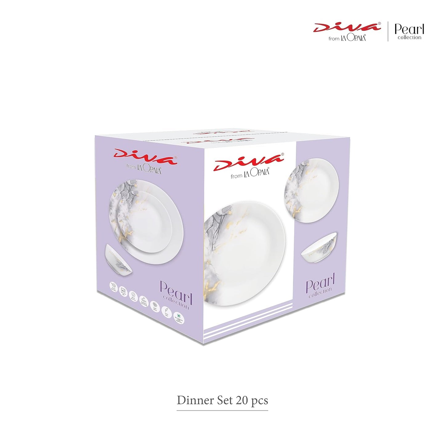 Diva by La Opala, Pearl Collection, Opal Glass Dinner Set 20 pcs, Indigo Bliss, White