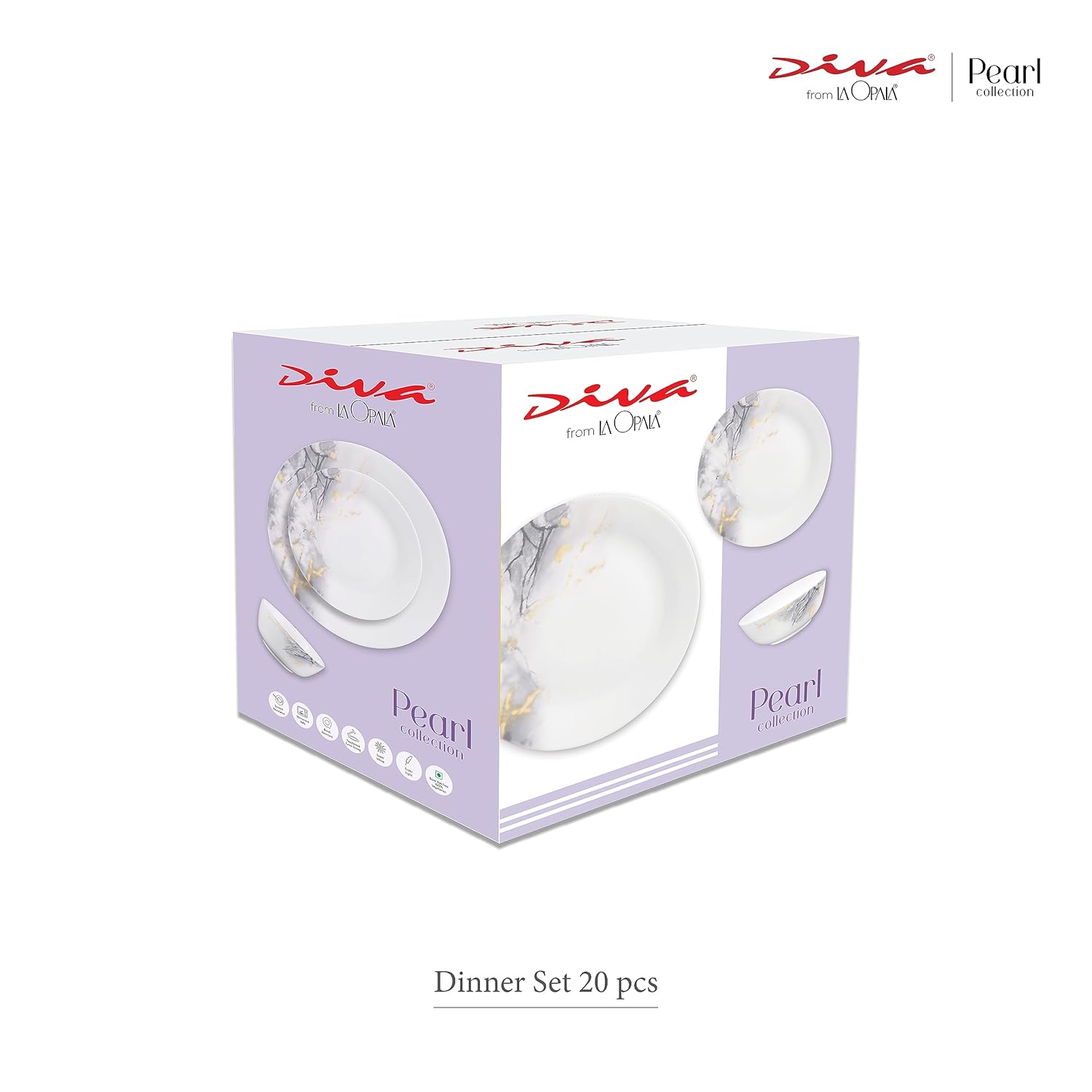 Diva by La Opala, Pearl Collection, Opal Glass Dinner Set 20 pcs, Indigo Bliss, White