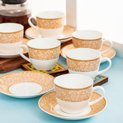 Clay Craft Fine Ceramic Cream Series Cup & Saucer Set for Tea/Coffee of 12 (6 Cups + 6 Saucers) - 180 ml Each (Golden Lines)