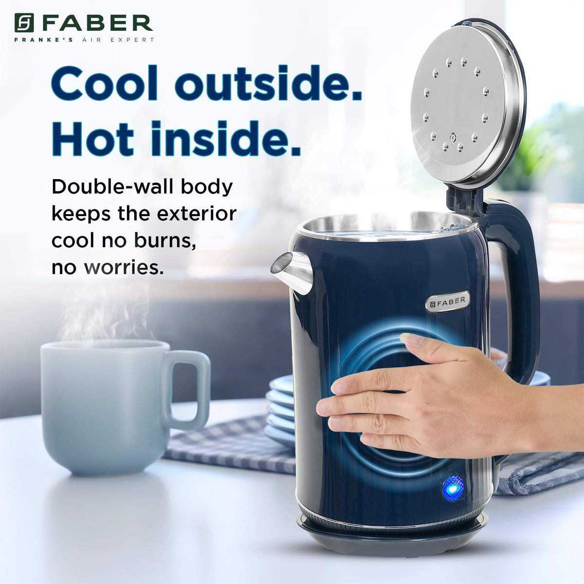 Faber Electric Water Kettle| 1.8L| 1500W| 3X Protection - Auto Off, Dry Boil, Overheating| Double Layered Cool Touch Out
