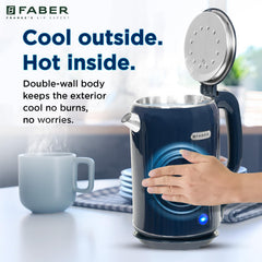 Faber Electric Water Kettle| 1.8L| 1500W| 3X Protection - Auto Off, Dry Boil, Overheating| Double Layered Cool Touch Out