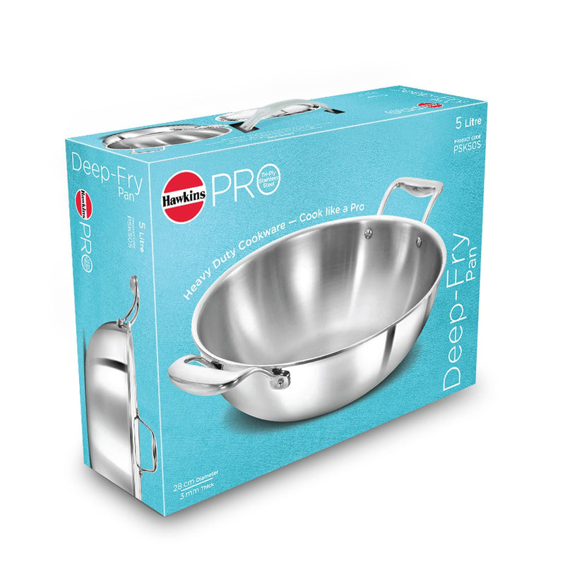 Hawkins Pro 5 Litre Deep-Fry Pan, Triply Stainless Steel Kadhai with Stainless Steel Handles and Stainless Steel Lid, Silver (PSK50S)