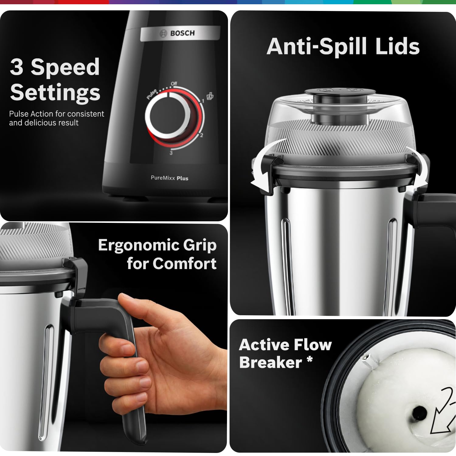 Bosch PureMixx Plus 800W Powerful Mixer Grinder with Food Processor | 5 Jars | 40+ Functions | Atta Kneading, Chopping, Wet & Dry Grinding | Hands Free Operation | 7 Year Motor Warranty 【MP8515A1KI】