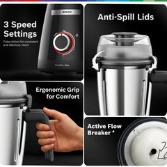 Bosch PureMixx Plus 800W Powerful Mixer Grinder with Food Processor | 5 Jars | 40+ Functions | Atta Kneading, Chopping, Wet & Dry Grinding | Hands Free Operation | 7 Year Motor Warranty 【MP8515A1KI】