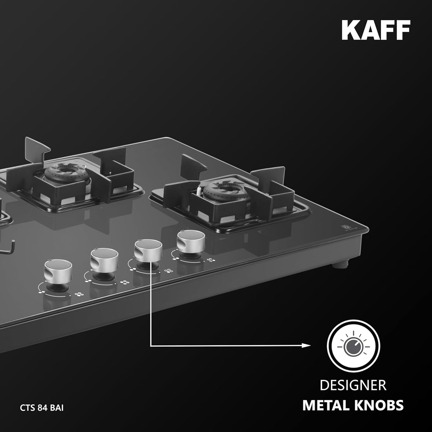 KAFF CTS 84 4B AI Gas Stove/Cooktop 4 Burners with Auto Electric Ignition 84 CM, Black Coated Brass Burners, Slim Line Design, Enamelled Pan Support with Integrated Flame Protector (Black)