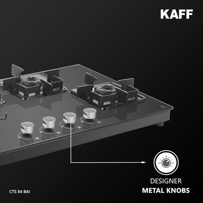 KAFF CTS 84 4B AI Gas Stove/Cooktop 4 Burners with Auto Electric Ignition 84 CM, Black Coated Brass Burners, Slim Line Design, Enamelled Pan Support with Integrated Flame Protector (Black)