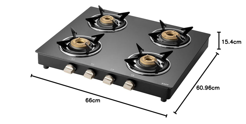 Kaff 4 Burner Gas Stove Top for Kitchen - 58CM Manual Ignition Cooktop For Modular Kitchen |Ergonomic Knob |Tri-Pin Bras