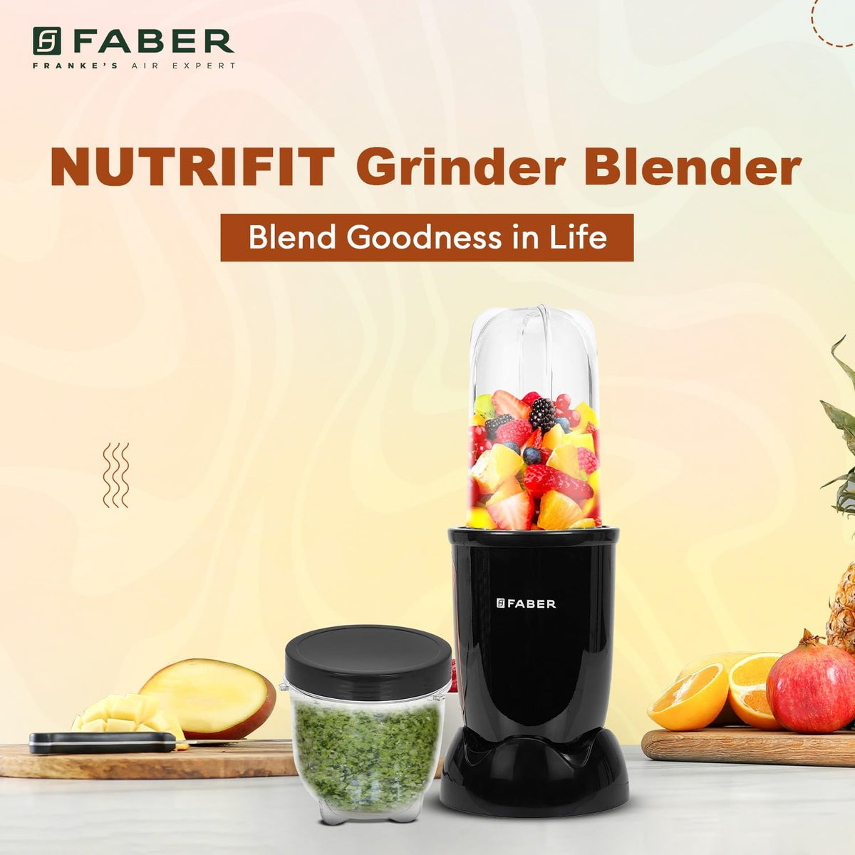 Faber Sportz 2-in-1 Nutrifit Nero Blender Mixer Grinder - 400W, 100% Copper Motor, Detachable SS Blade, 500ML & 300ML Ja