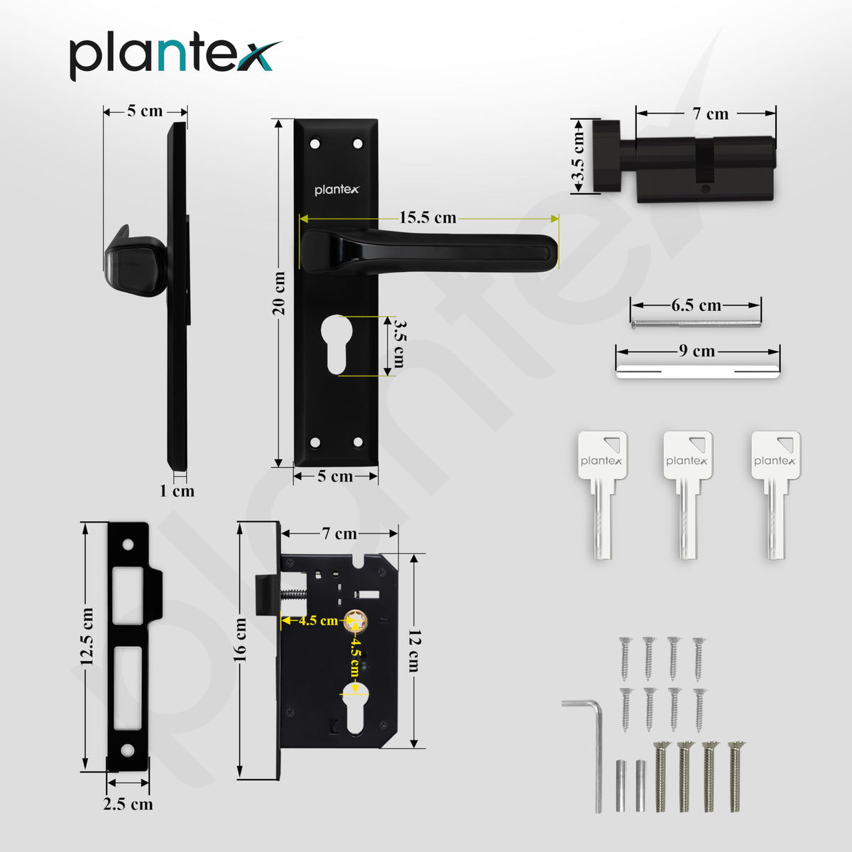 Plantex Heavy-Duty Door Lock Set - Main Door Lock Plate Handle Set/6-Lever Mechanism Mortise Locks with 3 Keys/Brass Locks Body & Cylinder (PTP-012- Black)-3