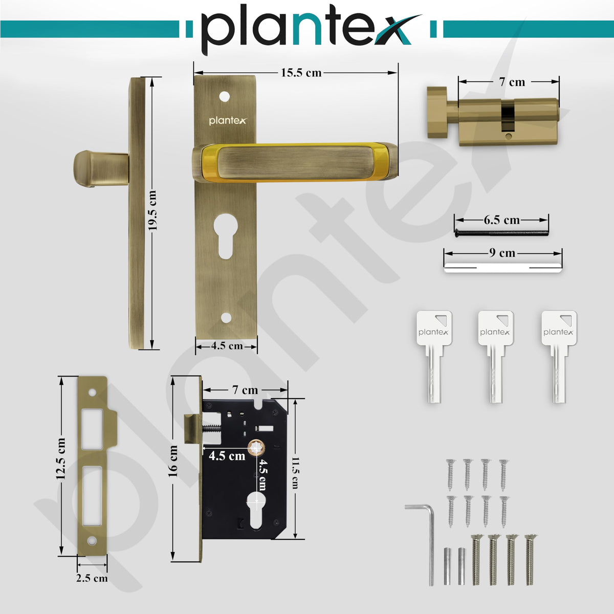 Plantex Heavy-Duty Door Lock Set - Main Door Lock Handle Set/Mortise Lock with 3 Keys, Brass Lock Body & Cylinder (8127 - Brass Antique & PVD Gold)-3
