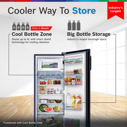 Bosch 226 L, 4 Star, Single Door Direct Cool Refrigerator with Pedestal Storage (CST22U14PI, 2.5X Faster Cooling, Cool Bottle Zone, 18 Hour Cooling Retention, Dark Lake)