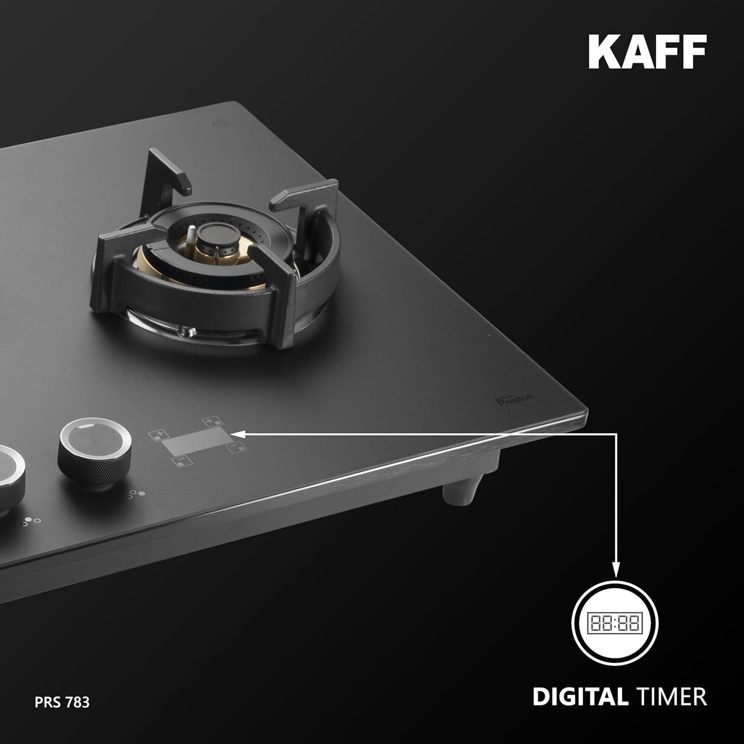 KAFF PRESTON PRS 783 Built-in Hob/Hobtop 3 Burners with Digital Timer, Auto Electric Ignition Glass Top, 78 CM, Full Brass Burners with Flame Failure Device, Metal Knobs (Black)