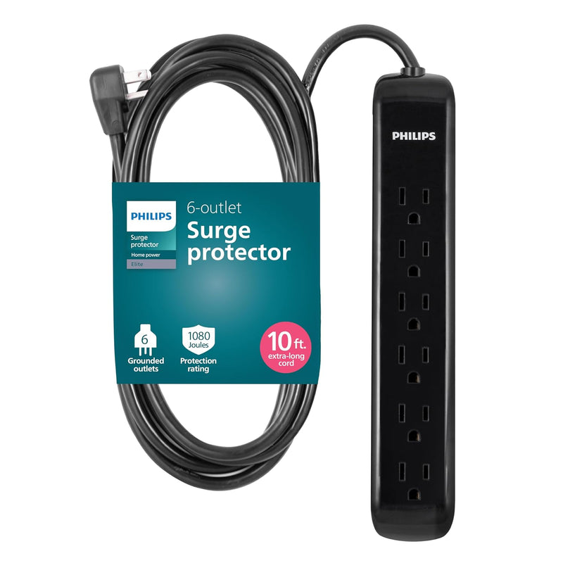 Philips 6 Outlet Surge Protector, 10 ft Extension Cord, Strip 1080 Joules, Flat Plug, Wall Mounted (SPP6110BC/37)