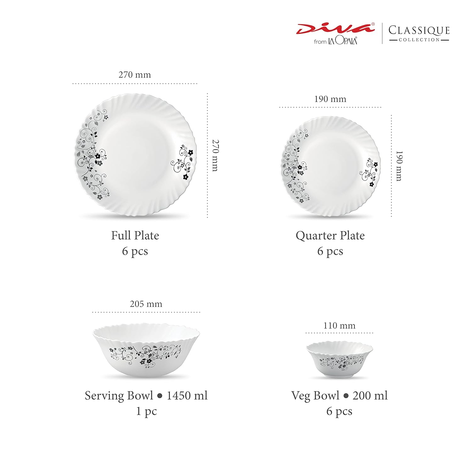 La Opala Diva Classique Collection Opal Glass Crockery | for Family of 6 | Dinner Set 19 pcs Mystrio Black | Plates & Bowls for Dining | Microwave Safe | 100% Vegetarian | Extra Strong | White
