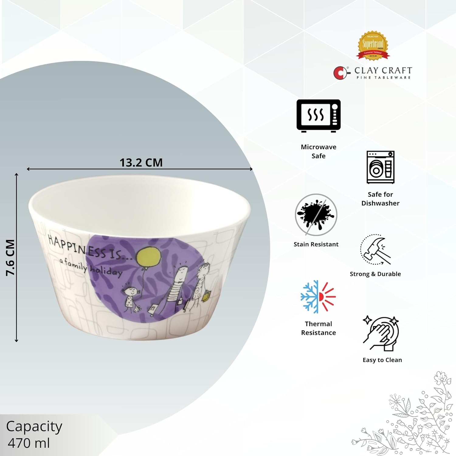 Clay Craft Fine Ceramic Happiness is Nikko Delight Snack/Cereal Bowl, Set of 4 Piece (Multicolor) 470ml, Pasta, Fruits, and More
