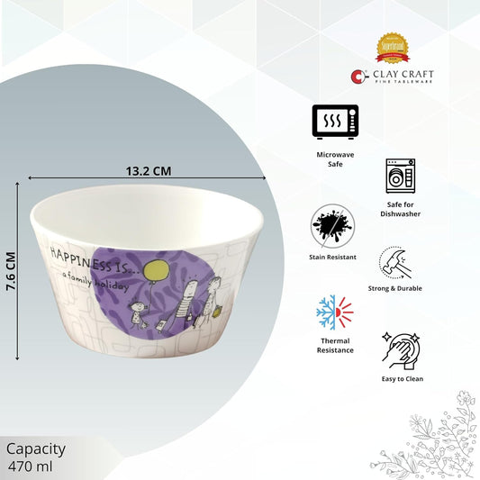 Clay Craft Fine Ceramic Happiness is Nikko Delight Snack/Cereal Bowl, Set of 4 Piece (Multicolor) 470ml, Pasta, Fruits, and More
