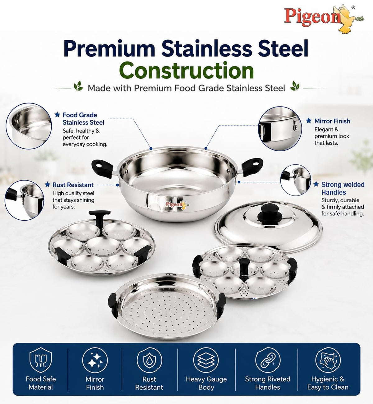 Pigeon Stainless Steel Regal Multi Kadai with 2 Idli Plates(13 Idlies),1 Steamer Plate| Momo Maker|Multi Pot|Steaming Se