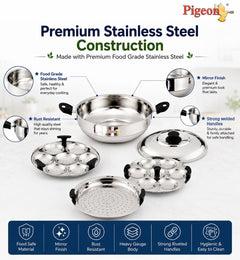 Pigeon Stainless Steel Regal Multi Kadai with 2 Idli Plates(13 Idlies),1 Steamer Plate| Momo Maker|Multi Pot|Steaming Se