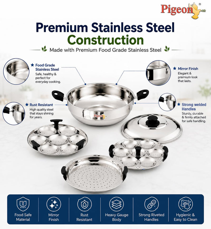 Pigeon Stainless Steel Regal Multi Kadai with 2 Idli Plates(13 Idlies),1 Steamer Plate| Momo Maker|Multi Pot|Steaming Se