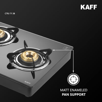 KAFF Cooktop | 3 Burners with Slim Line Design 71 CM | High Efficiency Brass Burners, Black Tempered Glass | Matt Enamelled Pan Support | Black | CTRJ71-3B