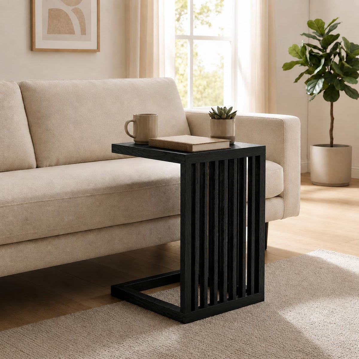 Solid Sheesham Wood C Shape Side Table for Living Room | Modern Sofa End Table | Wooden Laptop Table for Bed | 