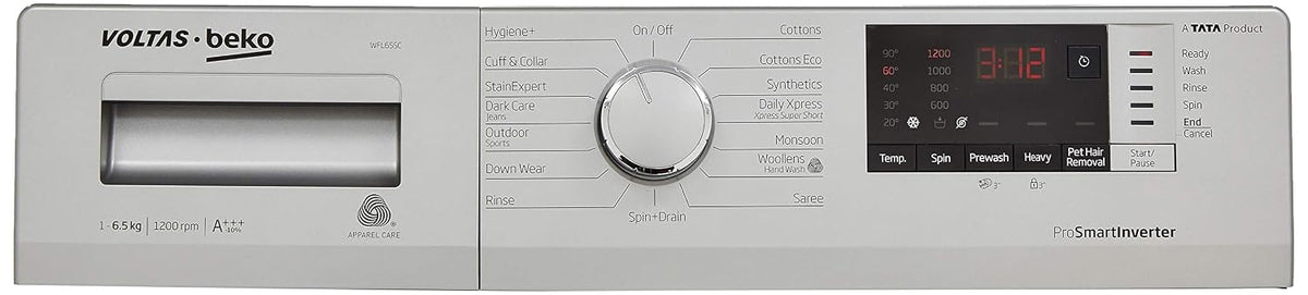 Voltas Beko 6.5 Kg Inverter Fully-Automatic Front Loading Washing Machine, Inbuilt Heater, 26 Stain Remover (WFL65SC, Silver Body, Chrome Door)-3