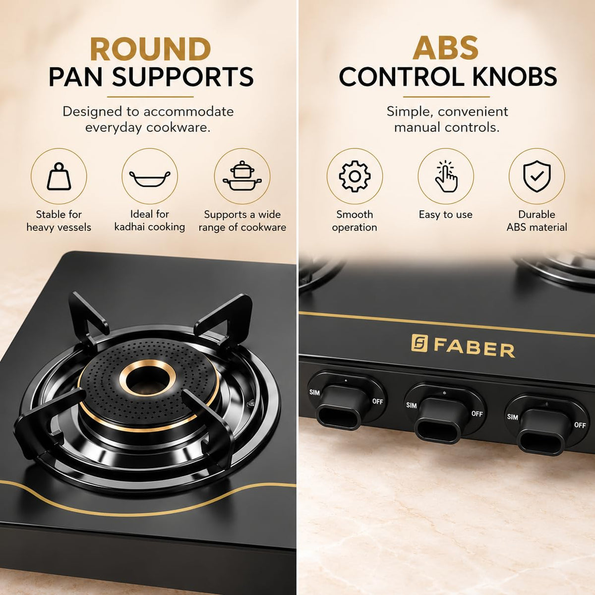 Faber 3 Burner 77cm Cooktop | 2 Jumbo + 1 small Brass Burners | Designer Matte Black Glass Finish |ABS Knobs| 5 Yrs Warr