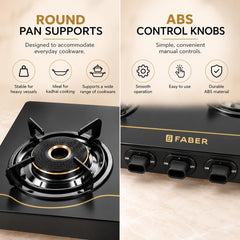 Faber 3 Burner 77cm Cooktop | 2 Jumbo + 1 small Brass Burners | Designer Matte Black Glass Finish |ABS Knobs| 5 Yrs Warr