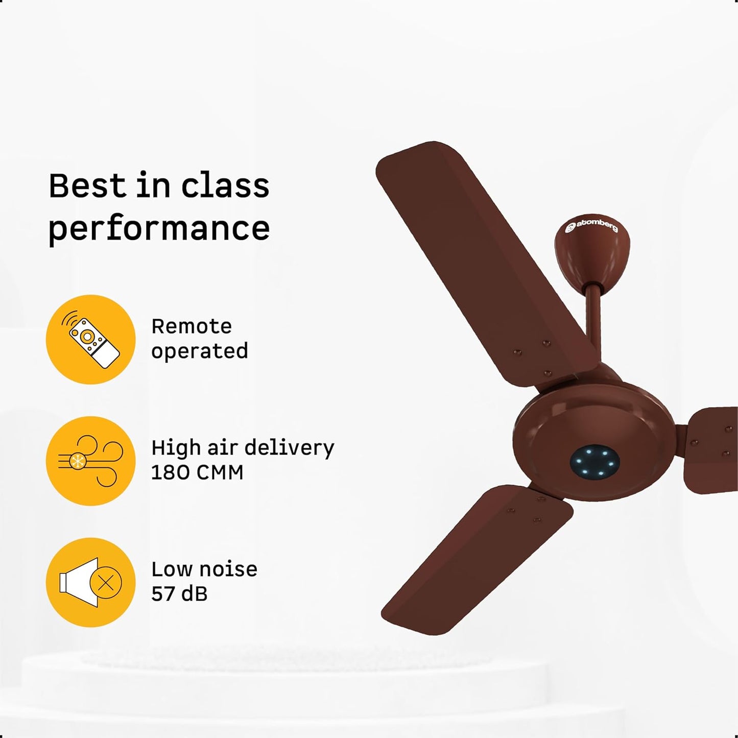atomberg Ikano 900mm BLDC Ceiling Fan with Remote | BEE 5 star | High Air Delivery | LED Speed Indicator | Low Noise | Timeless Design with Power Saving | 3 Year Warranty | Gloss Brown