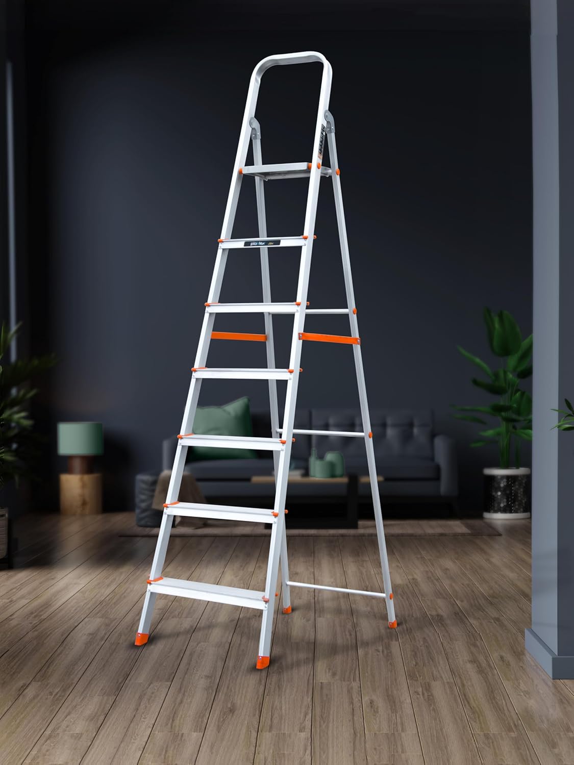 Plantex Legend Aluminium Folding 7 Step Ladder for Home - 7 Step Anti Skid Ladder/Wide Step Ladder (Orange-Chrome)