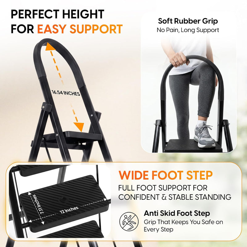 HOUZA Steel Ladder for Home 7 Steps Foldable with Anti-Skid Wide Steps (30cm x 20cm) | 7 Step Ladder for Home Use with D-Shape Rods | Secure Lock | 150 Kg Capacity Folding Ladder | 5 Year Warranty