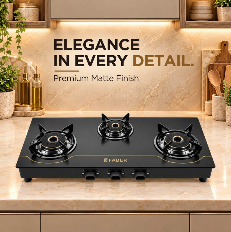 Faber 3 Burner 77cm Cooktop | 2 Jumbo + 1 small Brass Burners | Designer Matte Black Glass Finish |ABS Knobs| 5 Yrs Warr