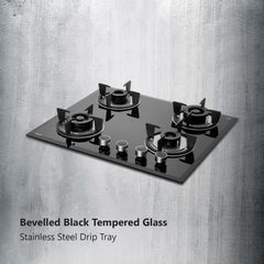 KAFF FBB 604 Built-in Hob/Hobtop 4 Burners, Auto Electric Ignition Glass Top, 60 CM, Full Brass Burner, 8 MM Thick Toughened Glass Bevelled Black Tempered Glass (Black)
