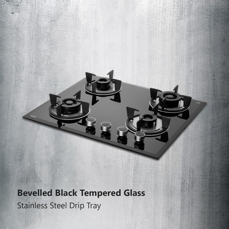 KAFF 4 Burners Built-in Hob & Hobtop For Modular Kitchen -8 MM |Auto Electric Ignition Glass Top| Powerful Brass Burners| Enamelled Matt Finish, Easy Metal Grip Knobs, (Black,60CM)