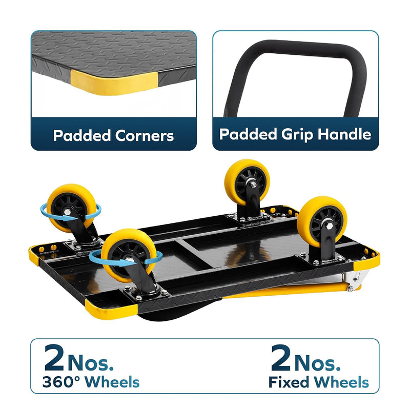 Corvids 400 Kg Heavy-Duty Folding Metal Hand Platform Trolley/Truck | 2-Year Warranty | Portable & Compact Industrial Dolly Cart with 360 Rotating Wheels for Home, Office & Warehouse Use