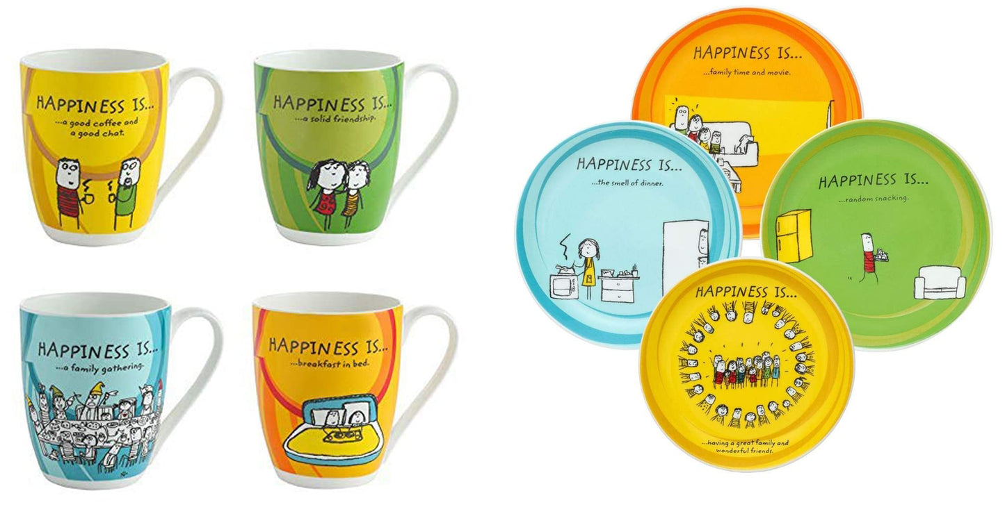 Clay Craft - Happiness is Ceramic Coffee Mugs Alton, Set of 4, 240ml Happiness is Ceramic Mini Snack Plates, Set of 4, 5", Multicolour