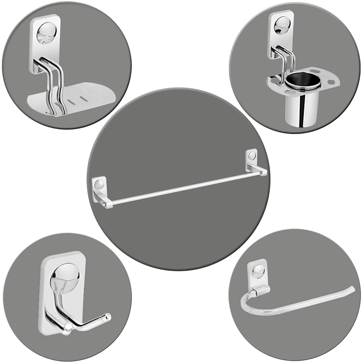 Plantex Stainless Steel Wall Mount Bath Accessories/Bathroom Hanger for Towel/Napkin Ring/Tumbler Holder/Soap Dish/Robe Hook (Chrome, Pack of 5)-1