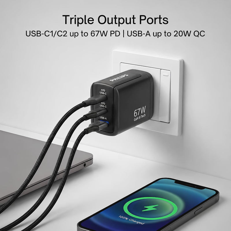 Philips DLP6331CB/94 Gen III Tech 67W Fast Charging Wall Charger (Slate Black)