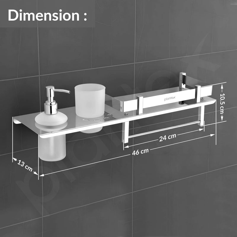 Plantex Stainless Steel 4in1 Multipurpose Bathroom Shelf/Bathroom Steel Rack with Tumbler Holder, Towel Rod and Liquid Soap Dispenser Chrome (18x5 inches)-4