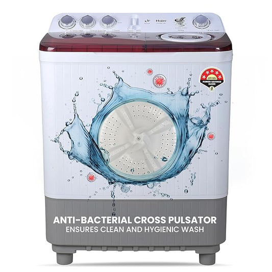 Haier 9 Kg 5 Star Semi Automatic Top Load Washing Machine with Oxyi Dry Technology and Spray Function, Anti Bactrerial Vortex Pulsator (HTW90-186, Anti Rat mesh, Magic Filter, Castors, Burgundy)