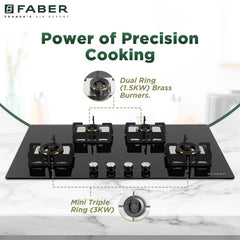 Faber 4 Burner HCT 90 cm Hob| Brass Burners| Bakelite Knobs| Cast Iron Pan Support| Hob/Cooktop Hybrid| Toughened Glass 