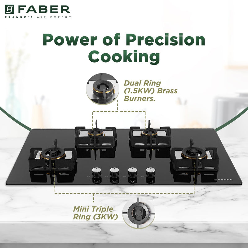 Faber 4 Burner HCT 90 cm Hob| Brass Burners| Bakelite Knobs| Cast Iron Pan Support| Hob/Cooktop Hybrid| Toughened Glass 