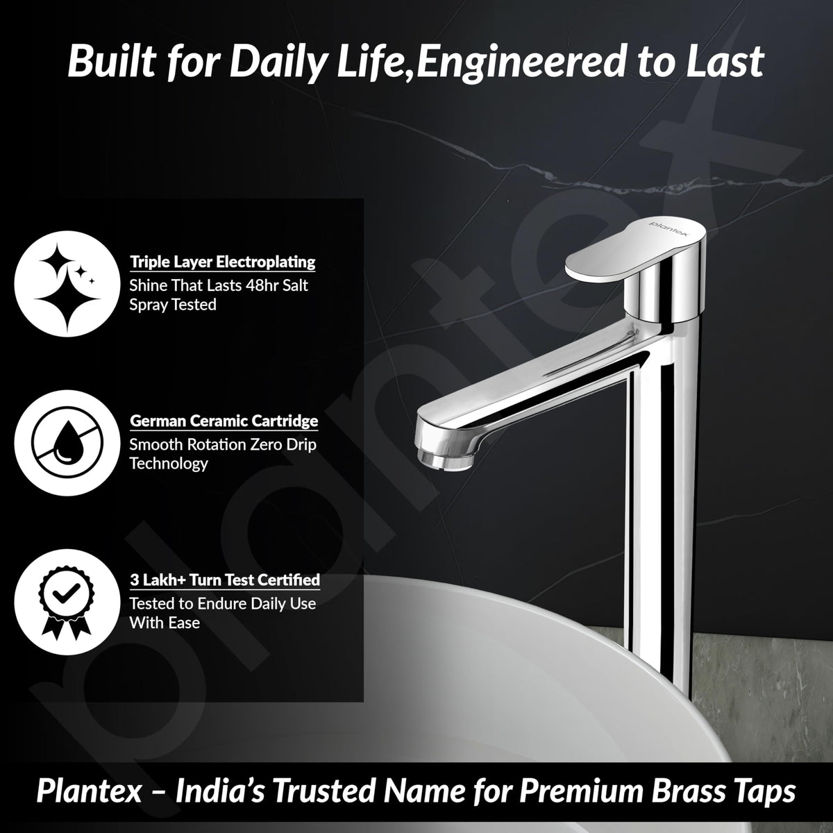 Plantex Pure Brass High Neck Pillar Cocke/Tall Body Pillar Cock for Basin with Teflon Tape/Tap for Wash Basin with 7 Year Warranty - (Alpha, Chrome)-3