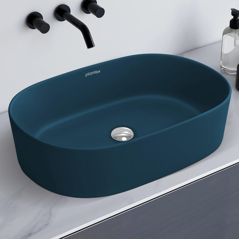 Plantex Ceramic Wash Basin for Bathroom/Oval Counter Top Basin/Tabletop Wash Basin for Home/Office(Pine Blue - 22x14x6 inch)-1