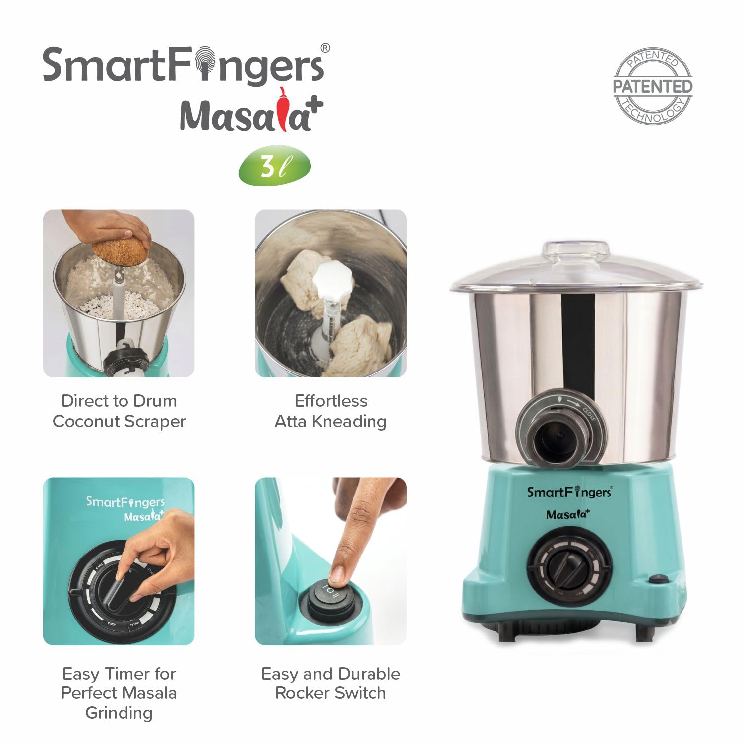SmartFingers Masala + Table Top Wet Grinder 230V, 3 Liter, Green with Coconut Scrapper & Atta Kneader Attachment | Hands-Free Batter Dispenser | Top Wiper, 220W Motor | 5 Years Warranty | AISI 304