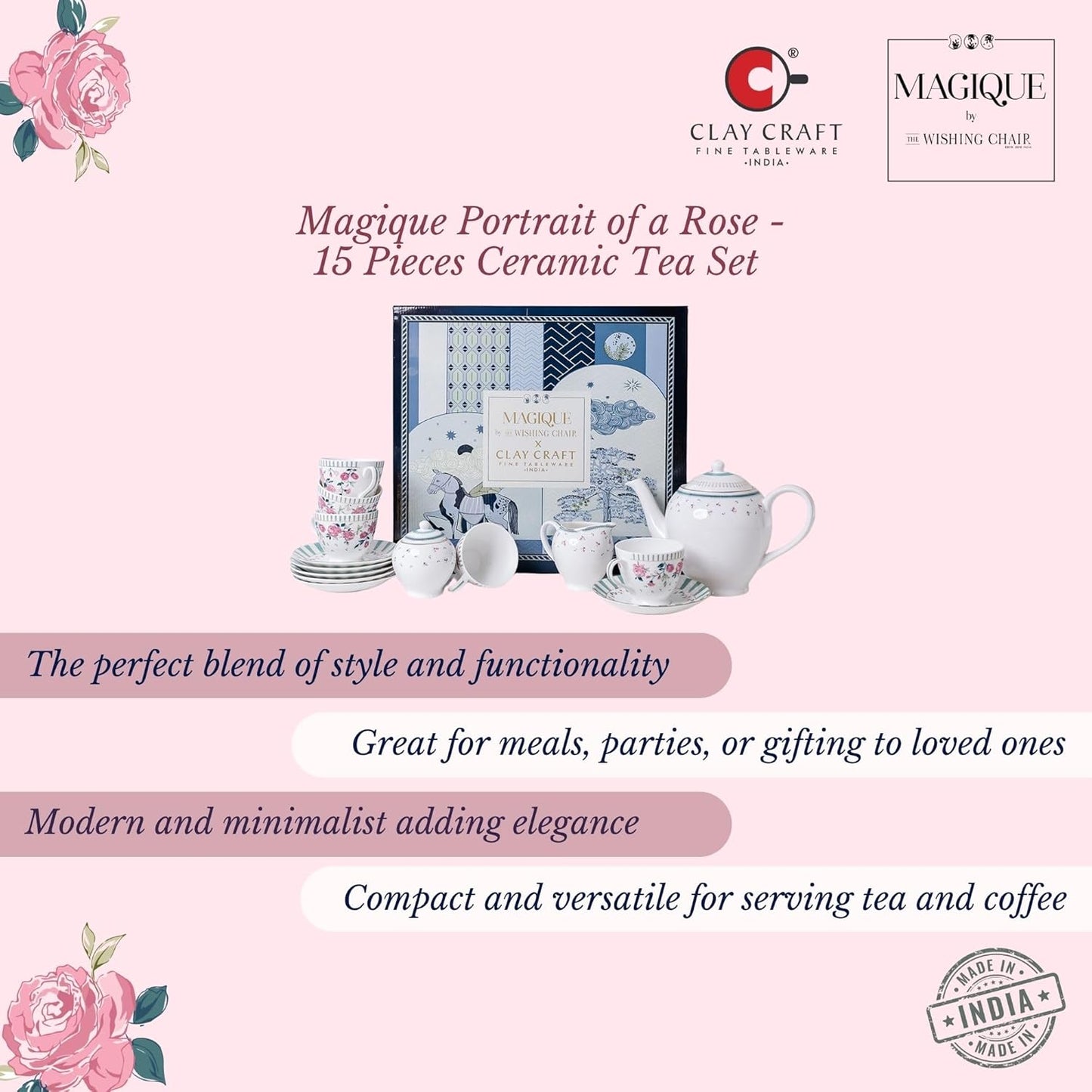 Magique by The Wishing Chair x ClayCraft : Portrait of a Rose Ceramic Teaset 15-Piece | Teapot, Cups & Saucers, Sugar & Milk Pot | Elegant Floral Tea Set for Home High Tea Gifting Weddings Parties