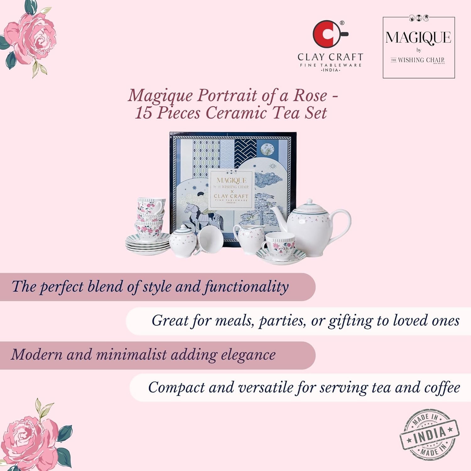 Magique by The Wishing Chair x ClayCraft : Portrait of a Rose Ceramic Teaset 15-Piece | Teapot, Cups & Saucers, Sugar & Milk Pot | Elegant Floral Tea Set for Home High Tea Gifting Weddings Parties