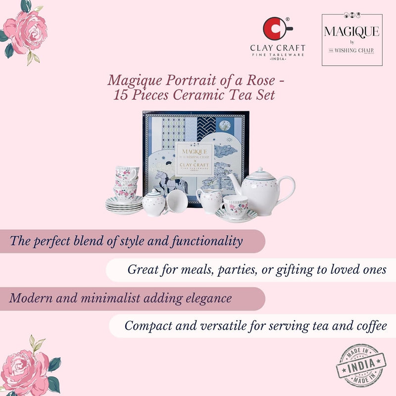 Magique by The Wishing Chair x ClayCraft : Portrait of a Rose Ceramic Teaset 15-Piece | Teapot, Cups & Saucers, Sugar & Milk Pot | Elegant Floral Tea Set for Home High Tea Gifting Weddings Parties
