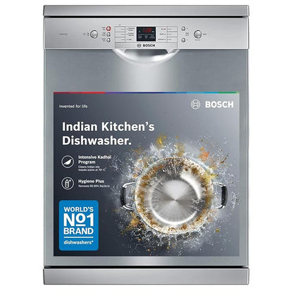 Bosch 13 Place Setting Dishwasher with Intensive Kadhai Program, No Pre-Rinse, 70⁰ Hot water wash, Half Load Option & Extra Cutlery Box - (SMS66GI01I, Silver, Glass Protection Technology)