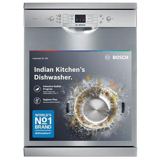 Bosch 13 Place Setting Dishwasher with Intensive Kadhai Program, No Pre-Rinse, 70⁰ Hot water wash, Half Load Option & Extra Cutlery Box - (SMS66GI01I, Silver, Glass Protection Technology)